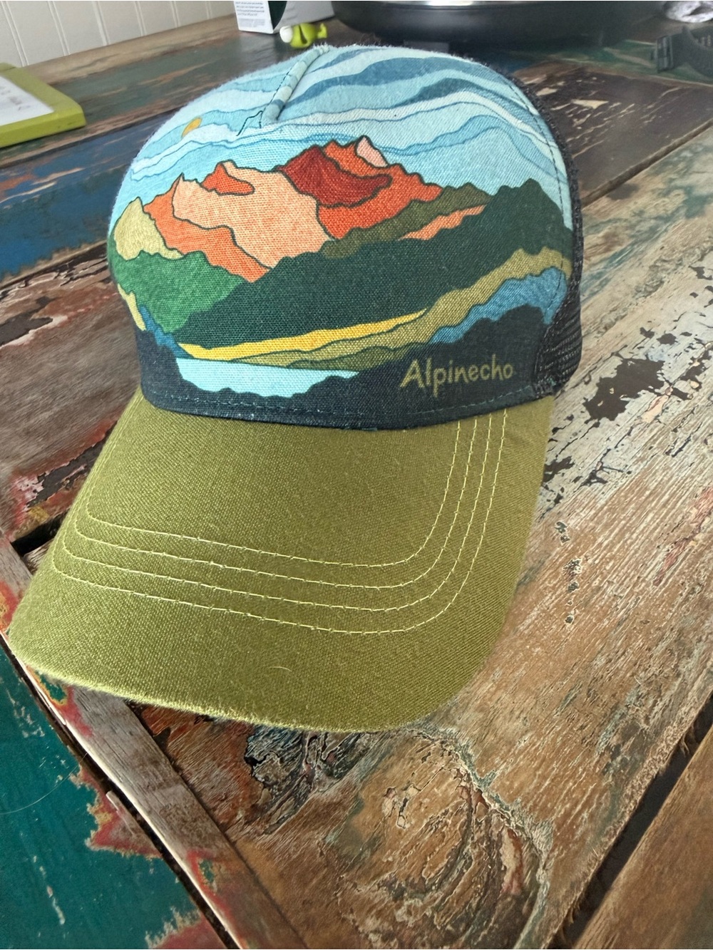Alpine Echo Olive Multicolor Mountain Trucker Hat